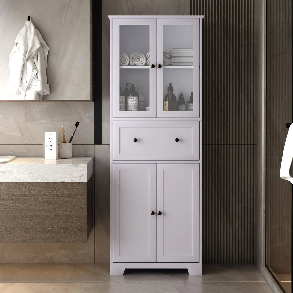 Ktaxon 64" Tall Bathroom Storage Cabinet Organizer, Freestanding Kitchen Pantry Cabinet Line Tower with 2 Glass Doors, Large Drawer & 4 Adjustable Shelves for Dining Room Living Room Home Office, White