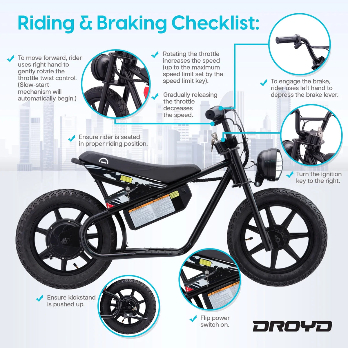 Droyd Weeler Electric Mini Bike - 24V 8ah Battery, 6 - 10 MPH, up to 8 Miles, LED Lights, Kids Ages 6+