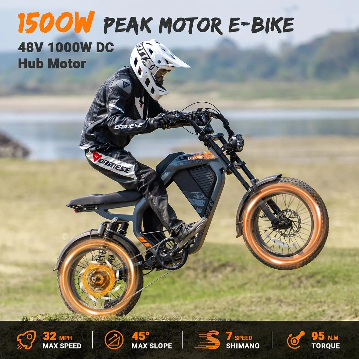 Luckeep M5 Electric Bike for Adults/Teen, 1500W Peak Motor, Max 32MPH, 48V 15AH Battery, Max 60 Miles Electric Motorcycle for Mountains, 20" Fat Tire Electric Dirt Bike, Sand, Road, Full Suspension