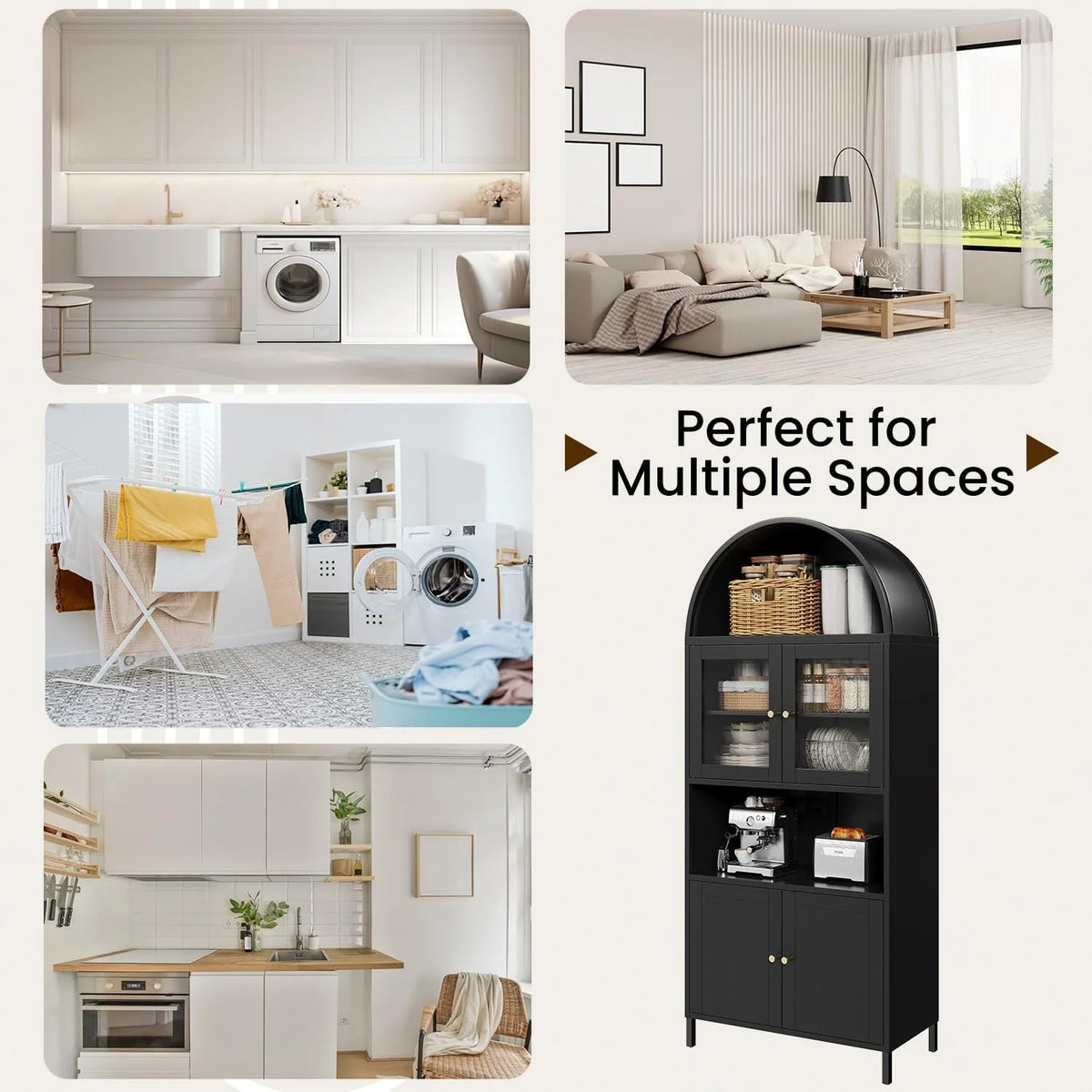 AECOJOY 73" Kitchen Pantry, Metal Arched Cabinet with Glass Door & Adjustable Shelves