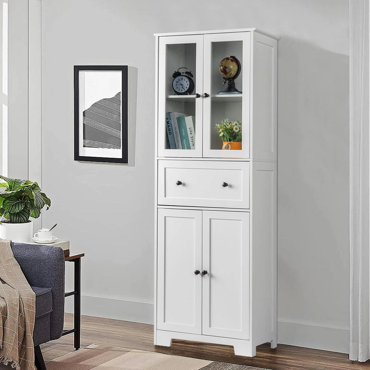 Ktaxon 64" Tall Bathroom Storage Cabinet Organizer, Freestanding Kitchen Pantry Cabinet Line Tower with 2 Glass Doors, Large Drawer & 4 Adjustable Shelves for Dining Room Living Room Home Office, White