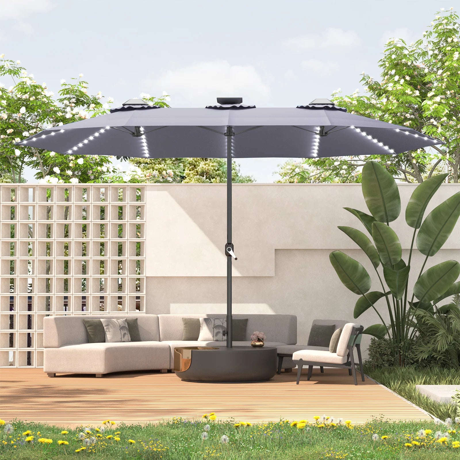 AECOJOY 15ft Patio Double-Sided Umbrella, 156 PCS Solar LED Light Outdoor Large Umbrella, Dark Grey