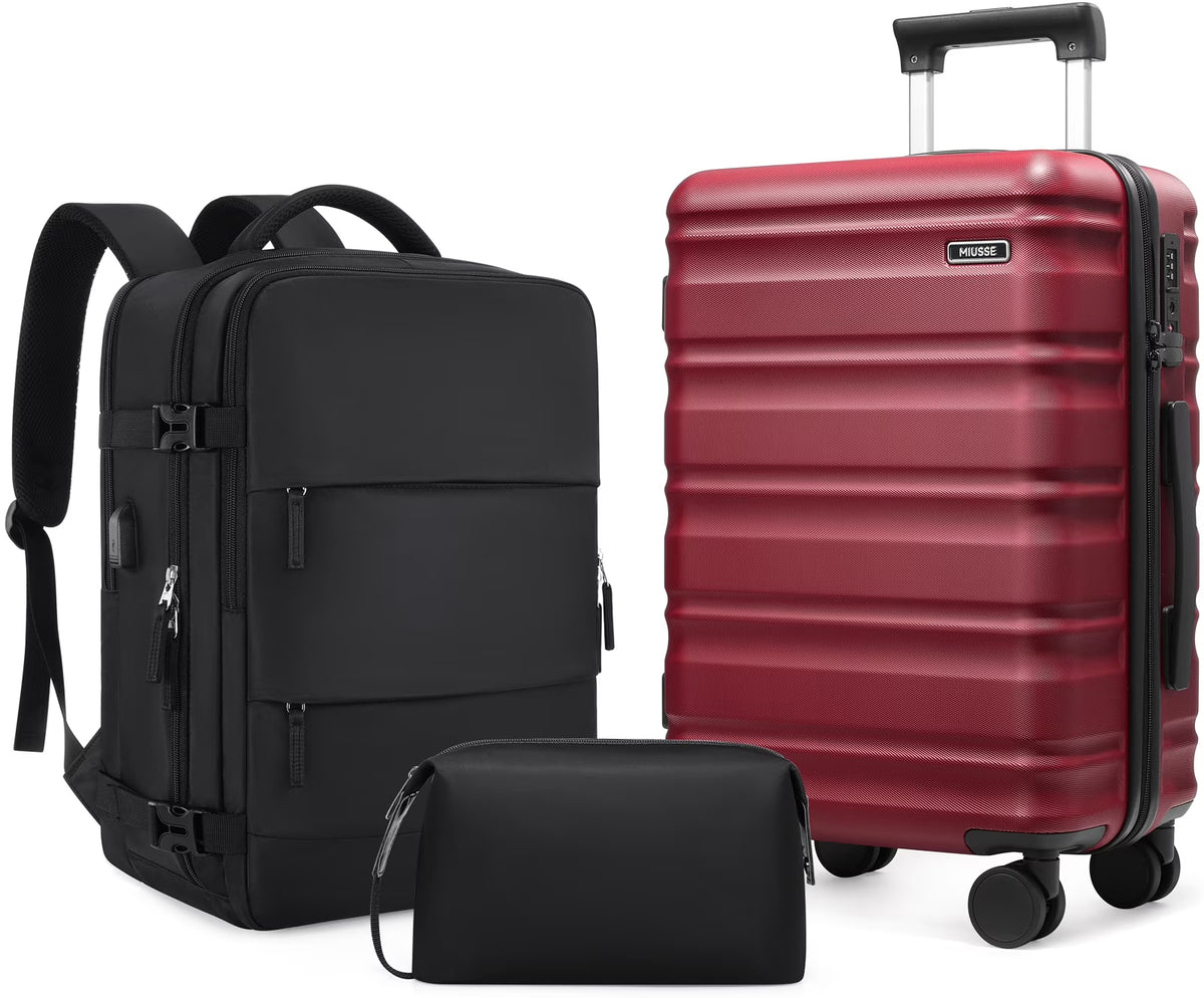MIUSSE Luggage Sets 3 Piece, 20 in Carry on Luggage with Wheels, 100% PC Hardshell Suitcase with TSA Lock, Carry on Suitcases Airline Approved with Travel Backpack for Men Women