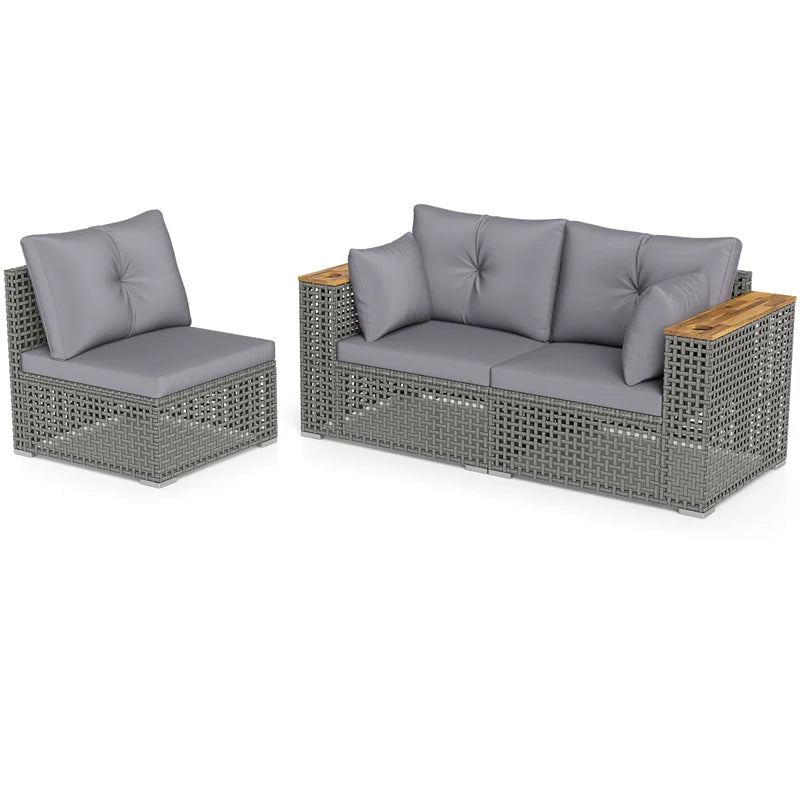 86.5" 3-Seat Patio Wicker Sofa, 3PCS Modular PE Rattan Sectional Furniture Set with Cup Holders & Wood Armrests, Outdoor Couch for Garden Yard