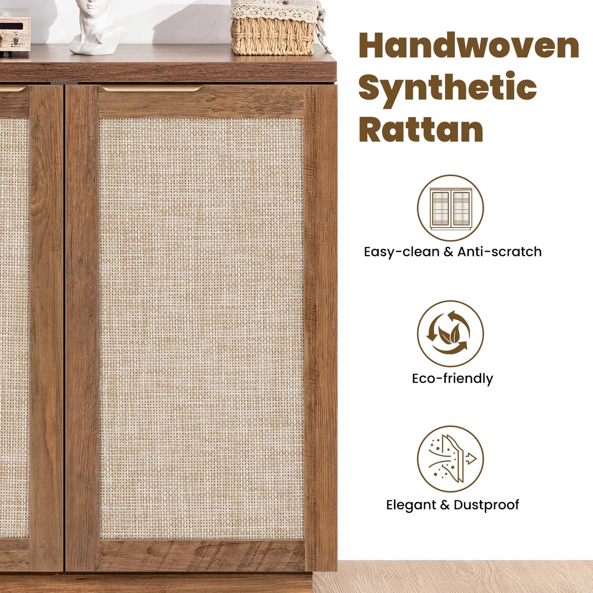Hommpa Sideboard Buffet Cabinet Rattan Kitchen Storage Organizer with 5 - Position Adjustable Shelf & 2 Doors Boho Farmhouse Accent Cabinets TV Console for Living Dining Room Coffee Bar