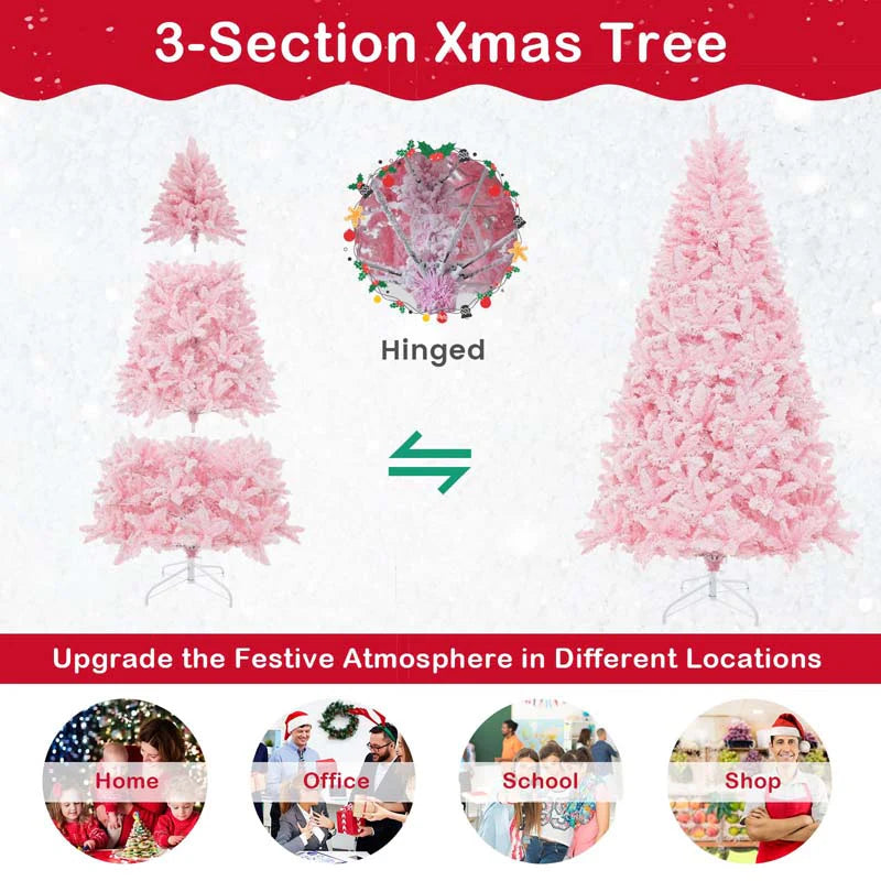 7 FT Pre-lit Pink Artificial Christmas Tree, Hinged Snow Flocked Holiday Tree with 1200 Tips, 500 Multi-Color LED Lights & 8 Modes for Home Decor