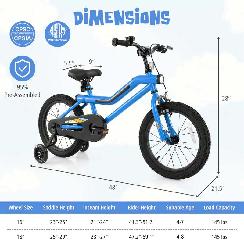 16/18 Inch LED Lighted Kids Bike with Training Wheels, Headlight, Adjustable Seat & Dual Brakes, Children Bicycle for Ages 4-8 Years