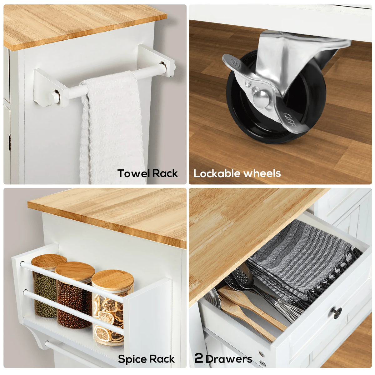 Richya Kitchen Island with Storage, Rolling Kitchen Cart with Lockable Wheels, Rubber Wood Tabletop Kitchen Island Table for Kitchen, Living Room, White