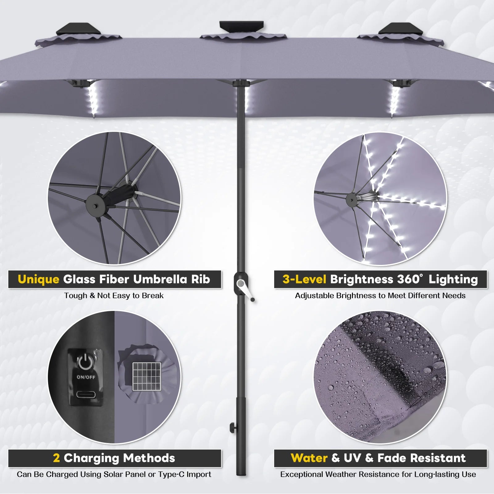 AECOJOY 15ft Patio Double-Sided Umbrella, 156 PCS Solar LED Light Outdoor Large Umbrella, Dark Grey