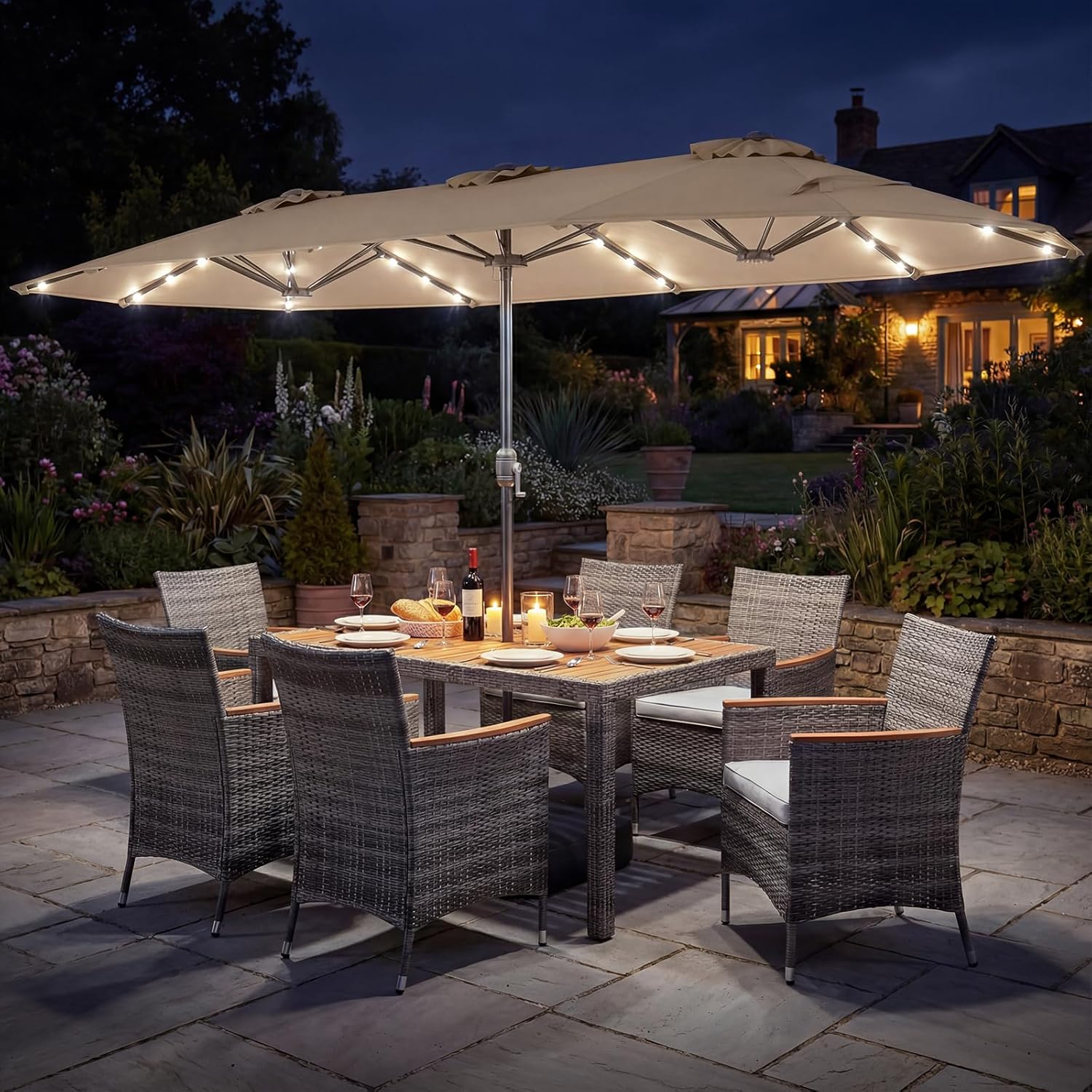 Tangkula 9 Pieces Rattan Outdoor Dining Set with 13Ft Solar Patio Umbrella