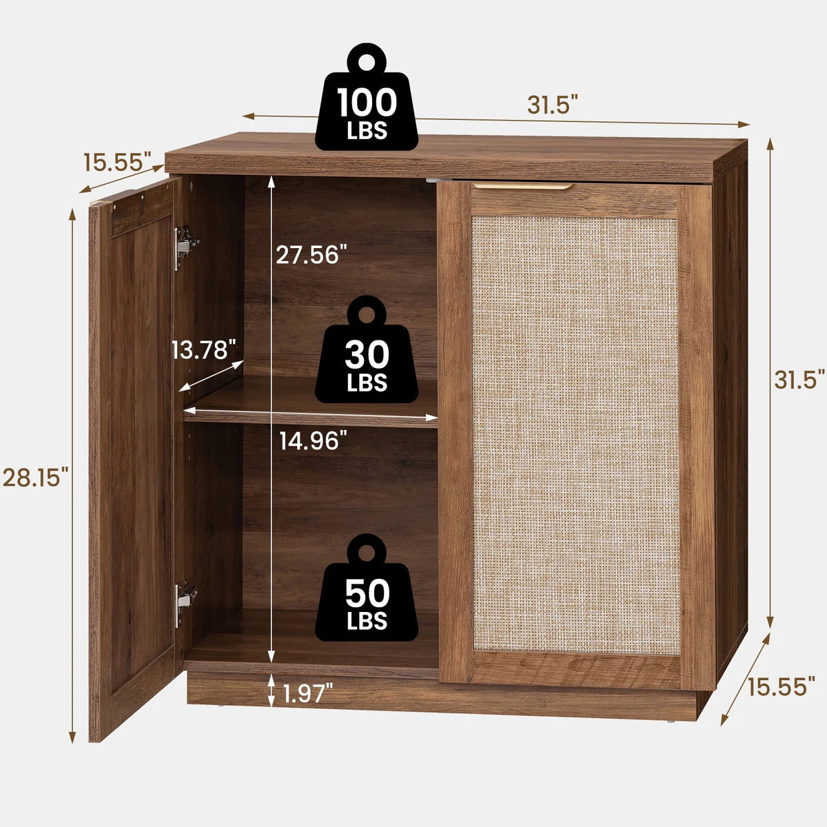 Hommpa Sideboard Buffet Cabinet Rattan Kitchen Storage Organizer with 5 - Position Adjustable Shelf & 2 Doors Boho Farmhouse Accent Cabinets TV Console for Living Dining Room Coffee Bar