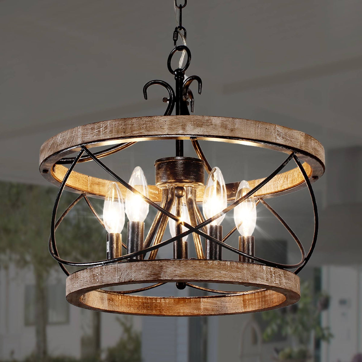 Bella Depot 5-Light Rustic Cage Wood Chandelier Dimmable Lighting, Adjustable Farmhouse Pendant Light for Kitchen Island