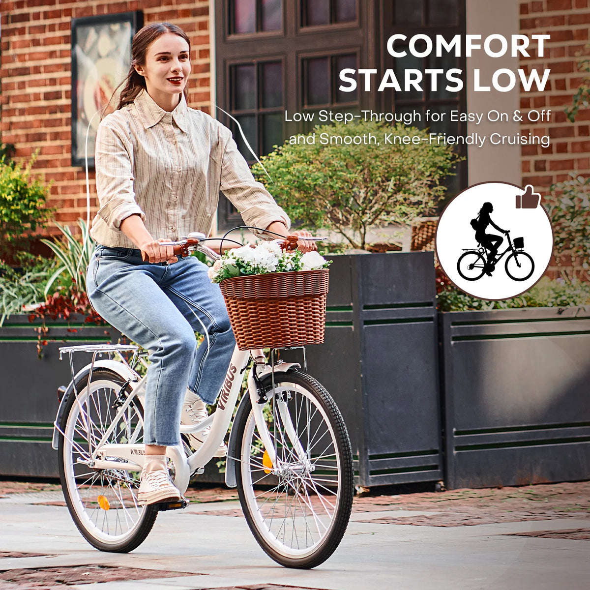 Viribus Women'S Comfort Bike 24 in Beach & City Cruiser Bicycle with Basket Rack White