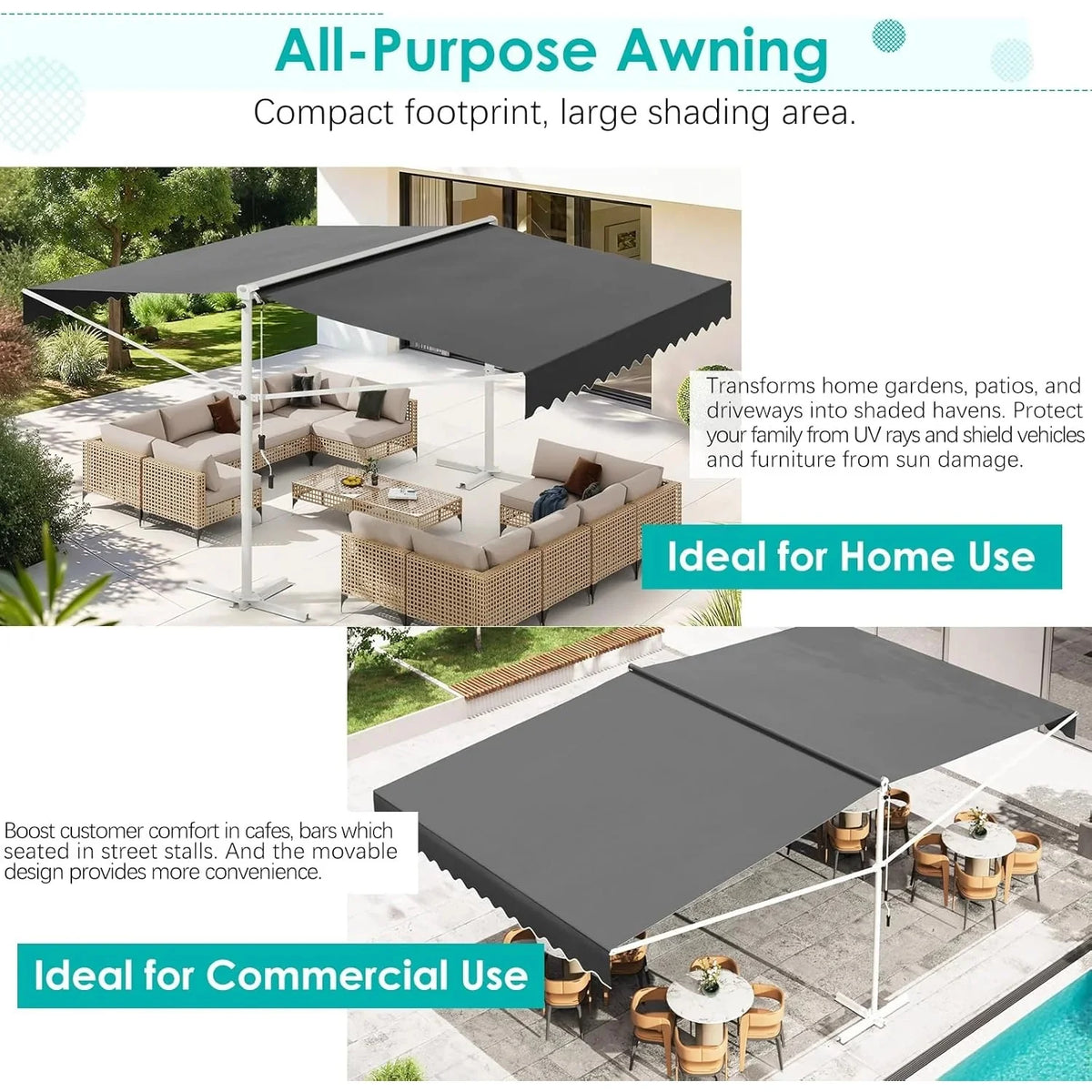 AECOJOY Free Standing Retractable Awning, 13'x10' Dual Side Patio Awnings Outdoor Manual Sun Shade Shelter, Dark Grey