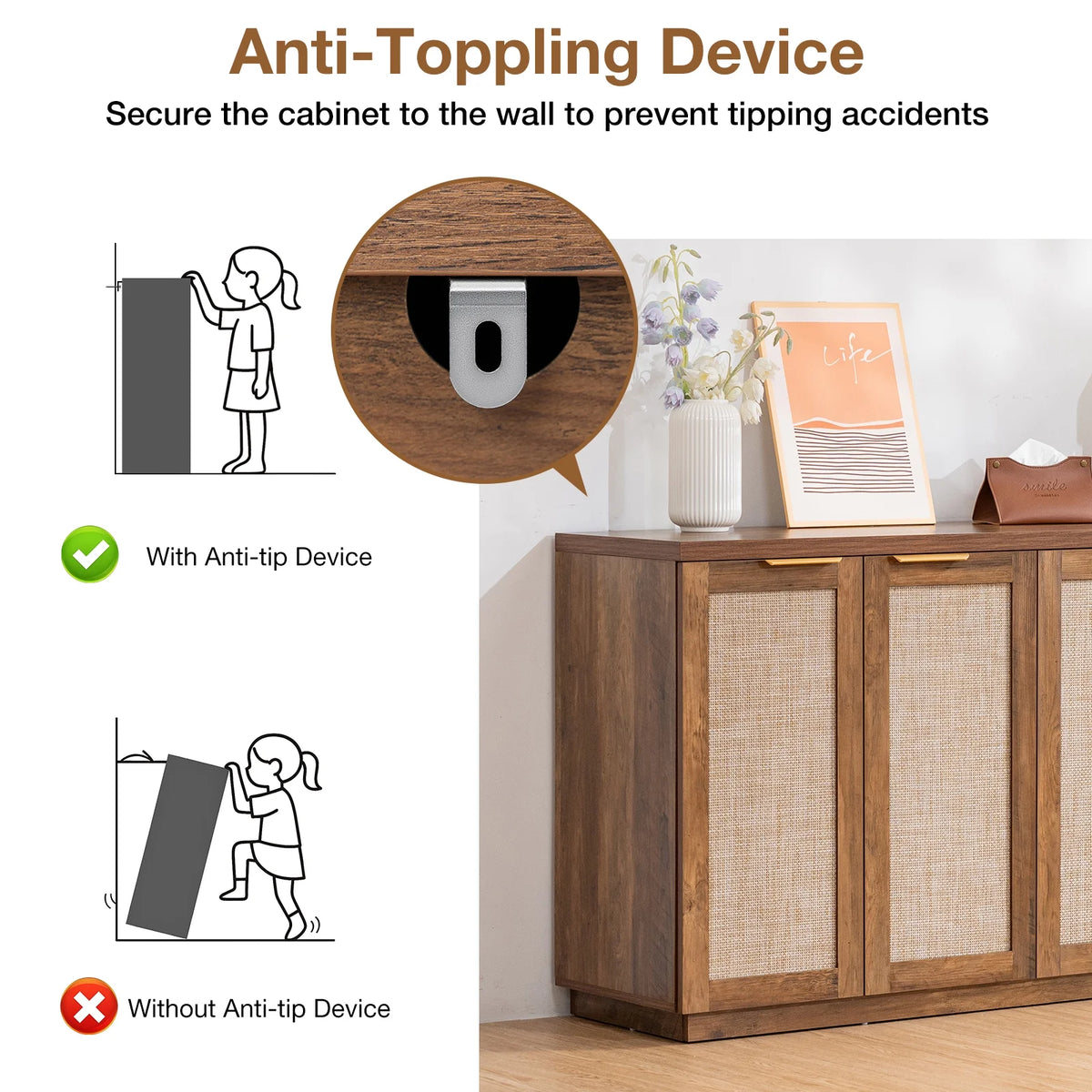 Hommpa Sideboard Buffet Cabinet Rattan Kitchen Storage Organizer with 5 - Position Adjustable Shelf & 2 Doors Boho Farmhouse Accent Cabinets TV Console for Living Dining Room Coffee Bar