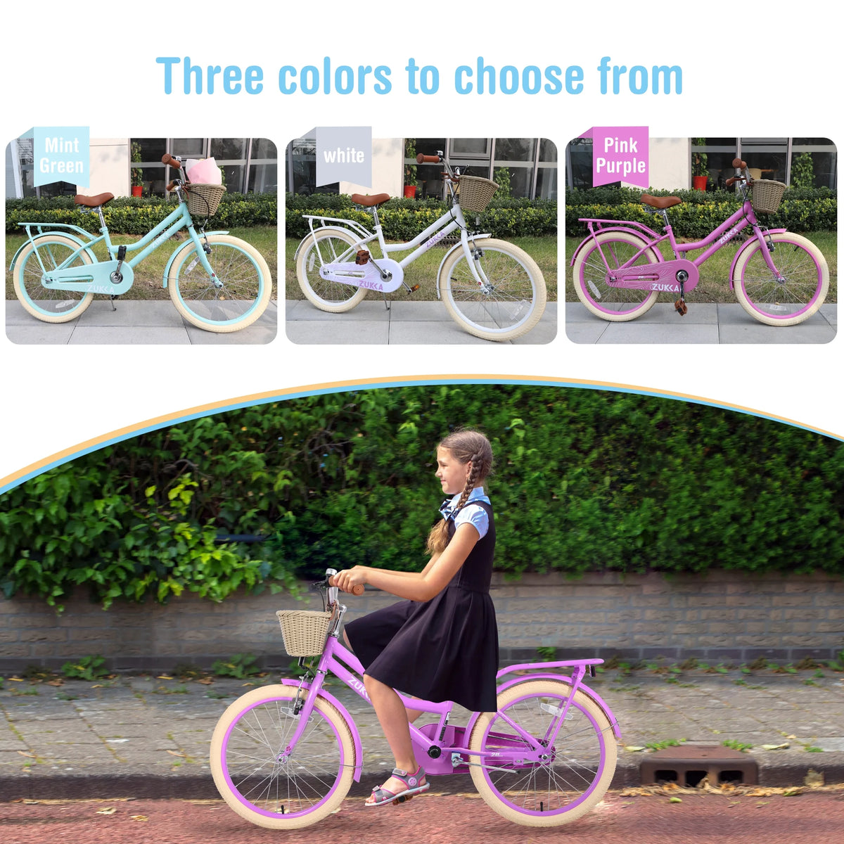 20" Kids Bike Girls Bike with Basket Single Speed Steel Frame Children Bicycle for 7 - 10 Years, Pink