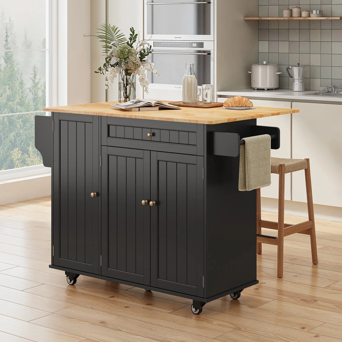 Noelse Kitchen Island with Storage, Island Table for Kitchen with Drop Leaf, Spice Rack, Towel Bar for Small Kitchens, White