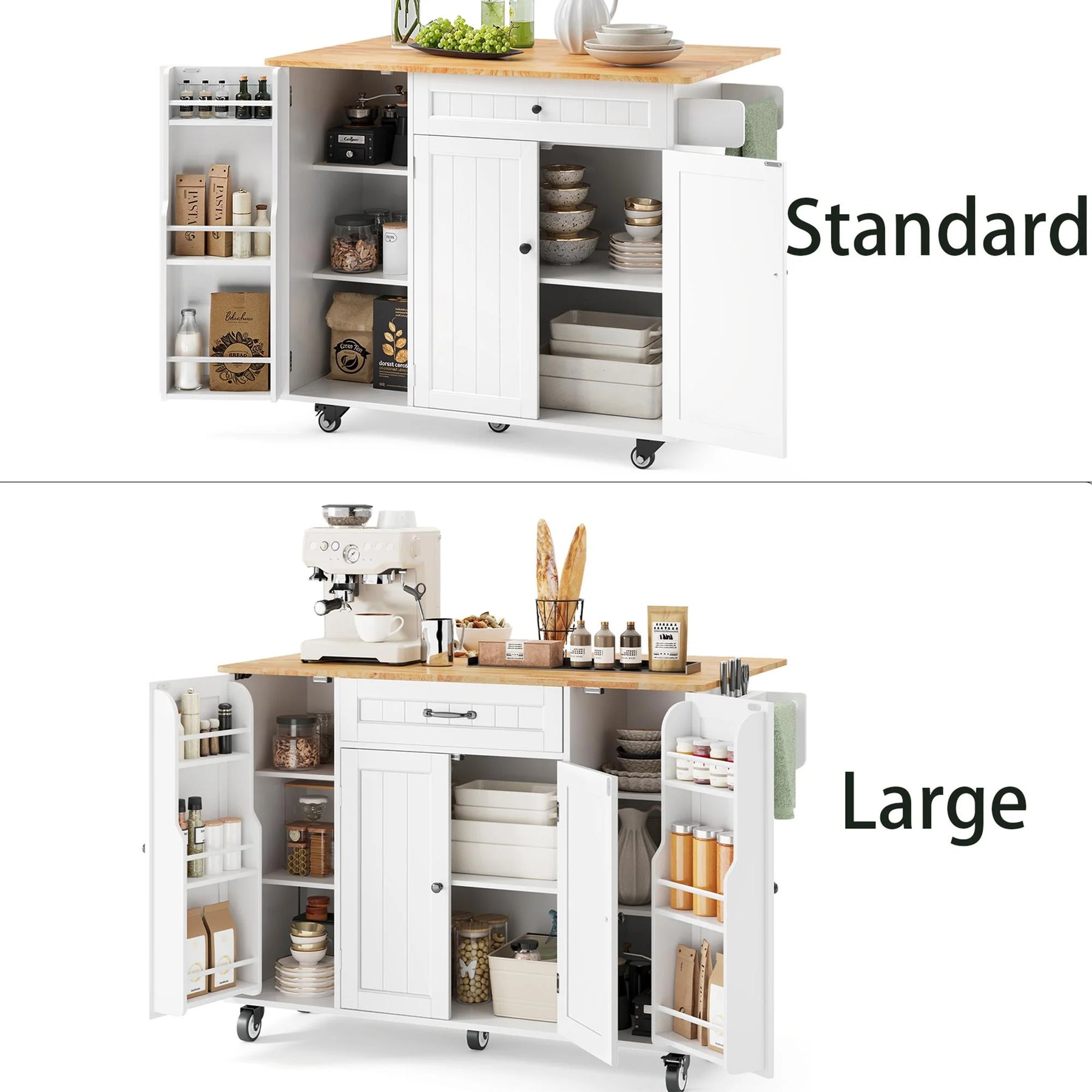 Noelse Kitchen Island with Storage, Island Table for Kitchen with Drop Leaf, Spice Rack, Towel Bar for Small Kitchens, White
