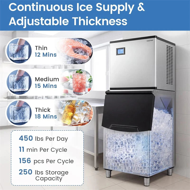 450 LBS/24H Commercial Split Ice Maker, Stainless Steel Ice Machine with 250 LBS Storage Bin, Self-Cleaning & Air Cooled for Restaurant Bar Cafe Hotel