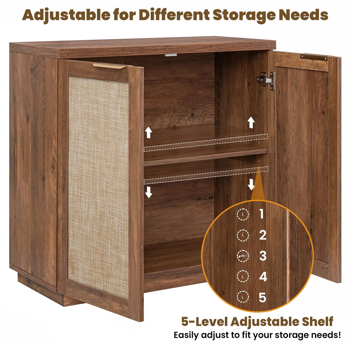 Hommpa Sideboard Buffet Cabinet Rattan Kitchen Storage Organizer with 5 - Position Adjustable Shelf & 2 Doors Boho Farmhouse Accent Cabinets TV Console for Living Dining Room Coffee Bar