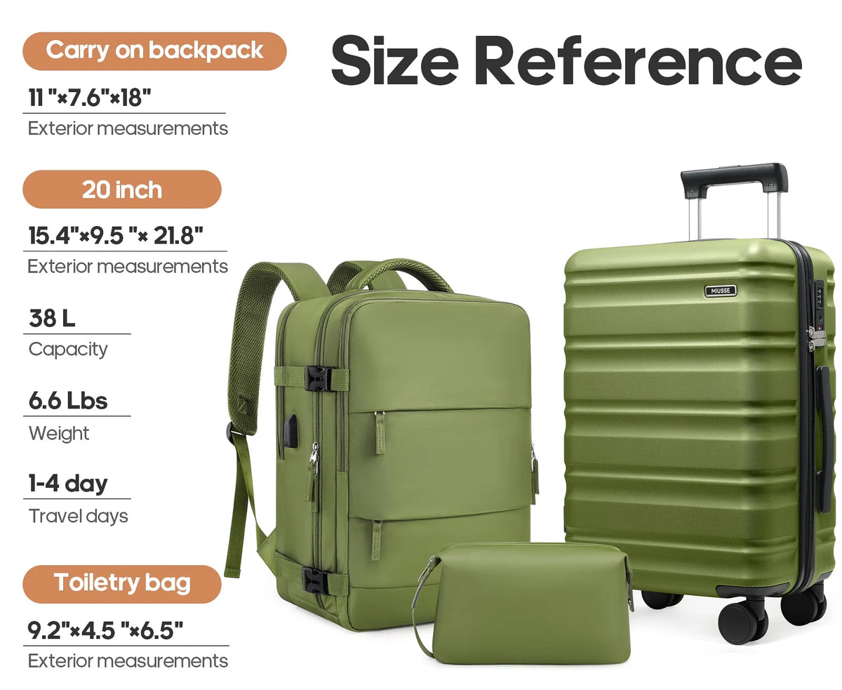 MIUSSE Luggage Sets 3 Piece, 20 in Carry on Luggage with Wheels, 100% PC Hardshell Suitcase with TSA Lock, Carry on Suitcases Airline Approved with Travel Backpack for Men Women