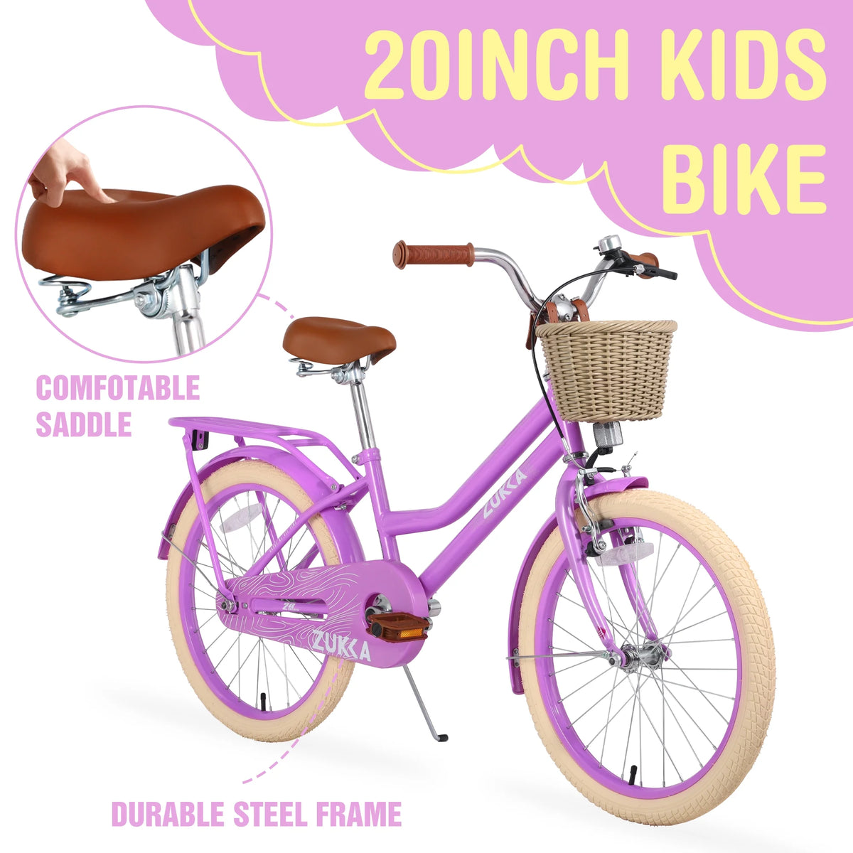 20" Kids Bike Girls Bike with Basket Single Speed Steel Frame Children Bicycle for 7 - 10 Years, Pink