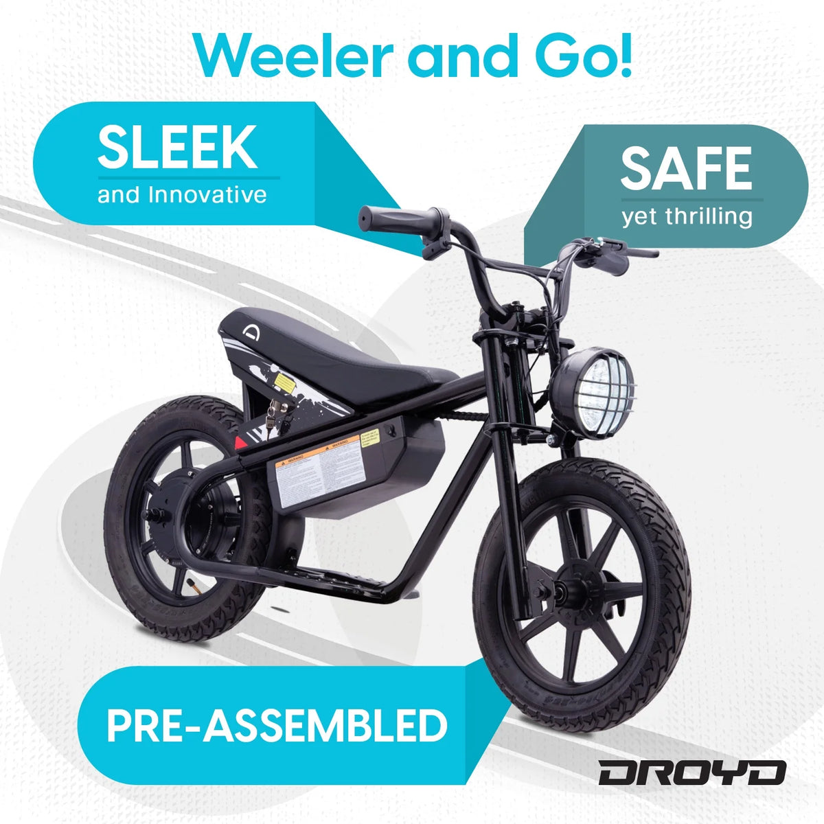 Droyd Weeler Electric Mini Bike - 24V 8ah Battery, 6 - 10 MPH, up to 8 Miles, LED Lights, Kids Ages 6+