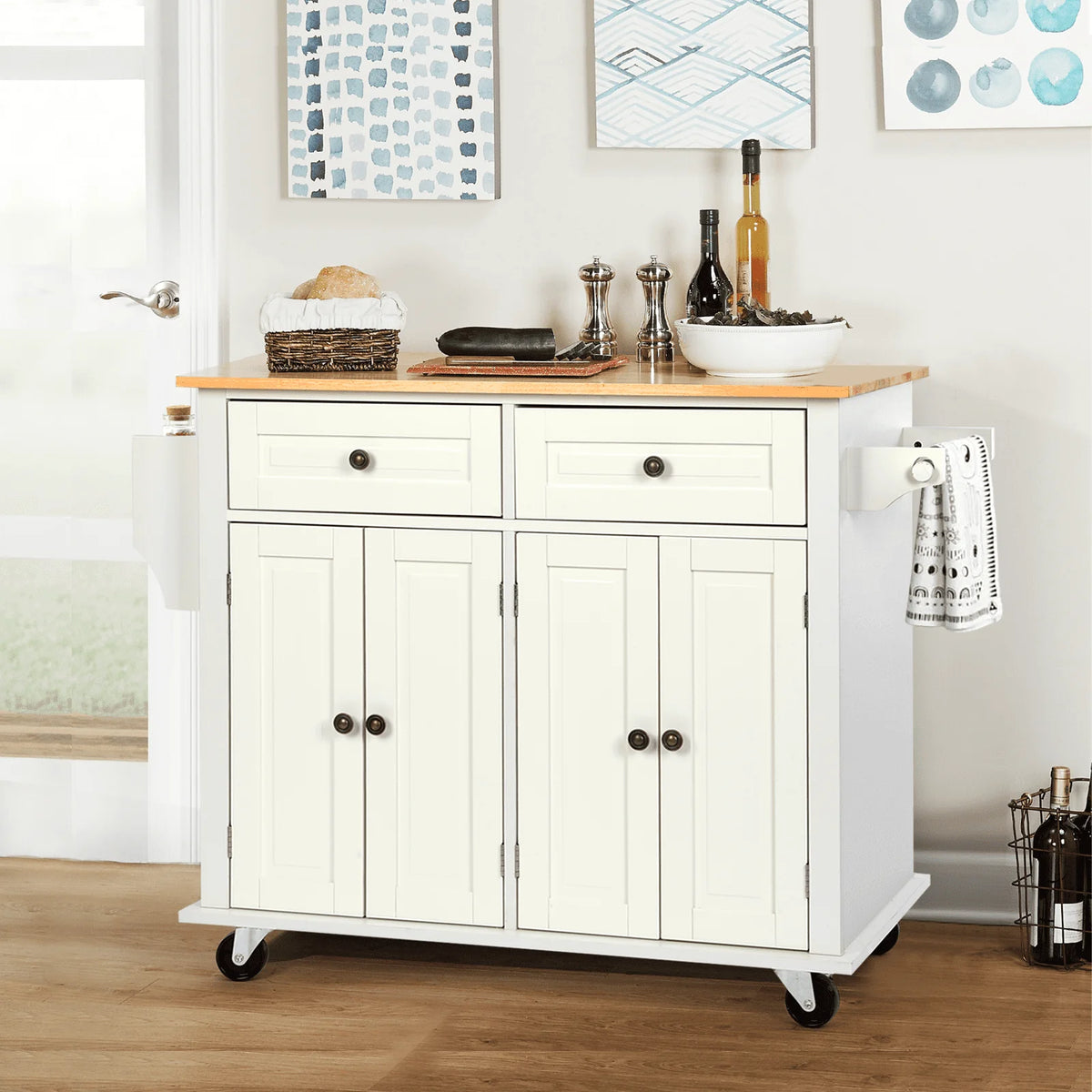 Richya Kitchen Island with Storage, Rolling Kitchen Cart with Lockable Wheels, Rubber Wood Tabletop Kitchen Island Table for Kitchen, Living Room, White