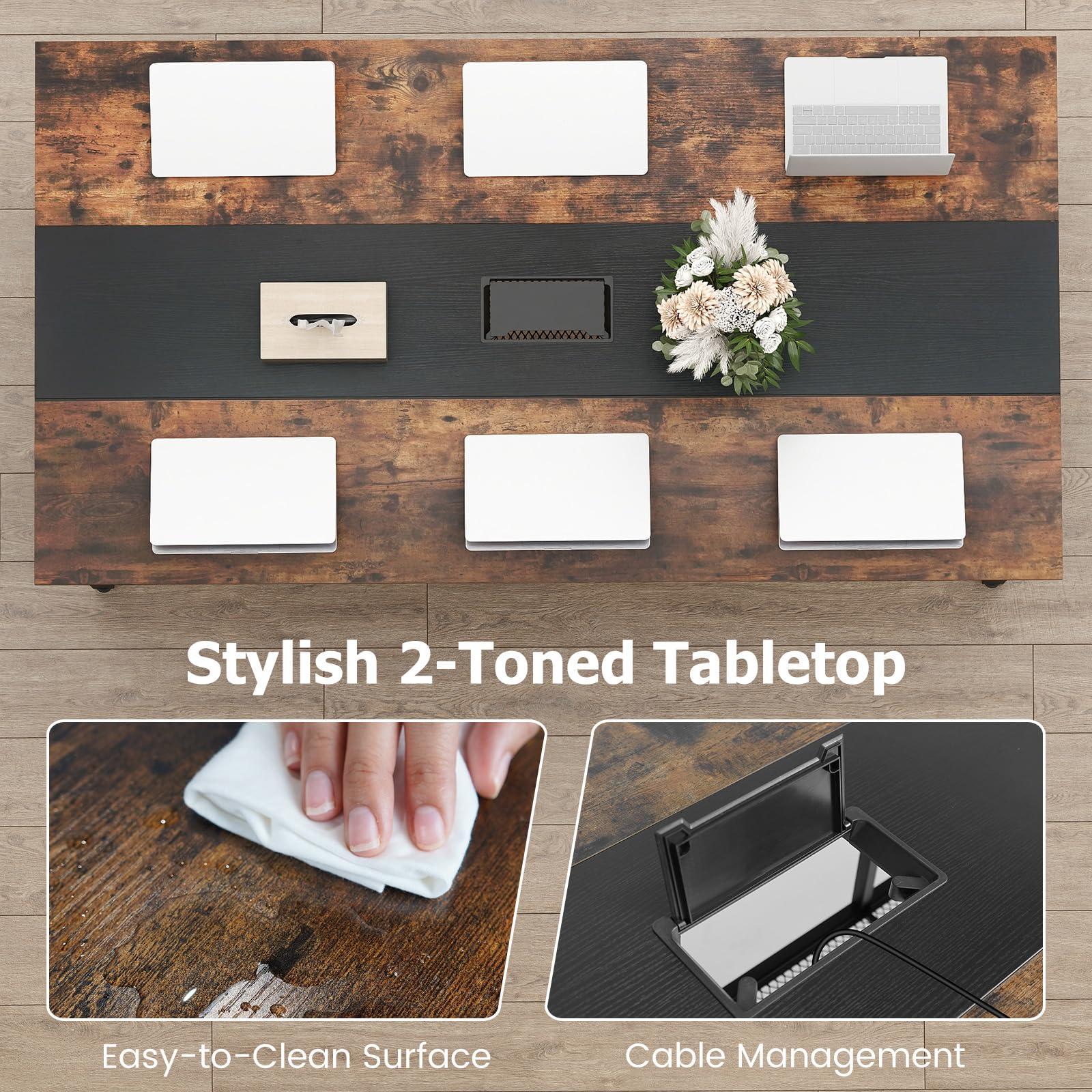 Tangkula Rectangular Meeting Table with Mesh Storage Shelf & Cable Grommet for 6-8 People