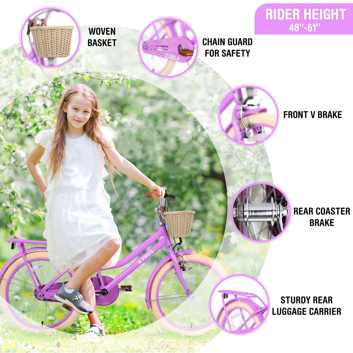 20" Kids Bike Girls Bike with Basket Single Speed Steel Frame Children Bicycle for 7 - 10 Years, Pink