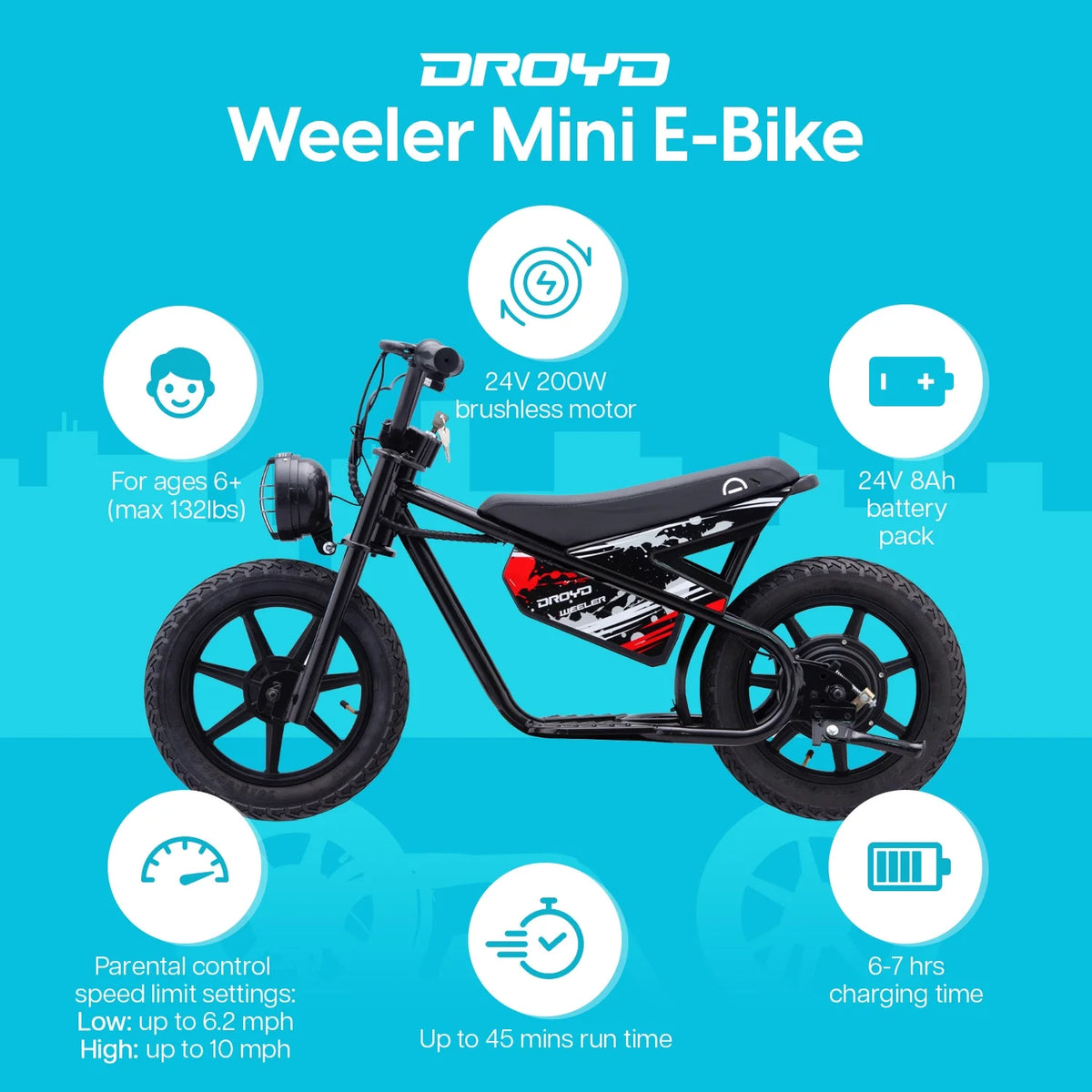 Droyd Weeler Electric Mini Bike - 24V 8ah Battery, 6 - 10 MPH, up to 8 Miles, LED Lights, Kids Ages 6+