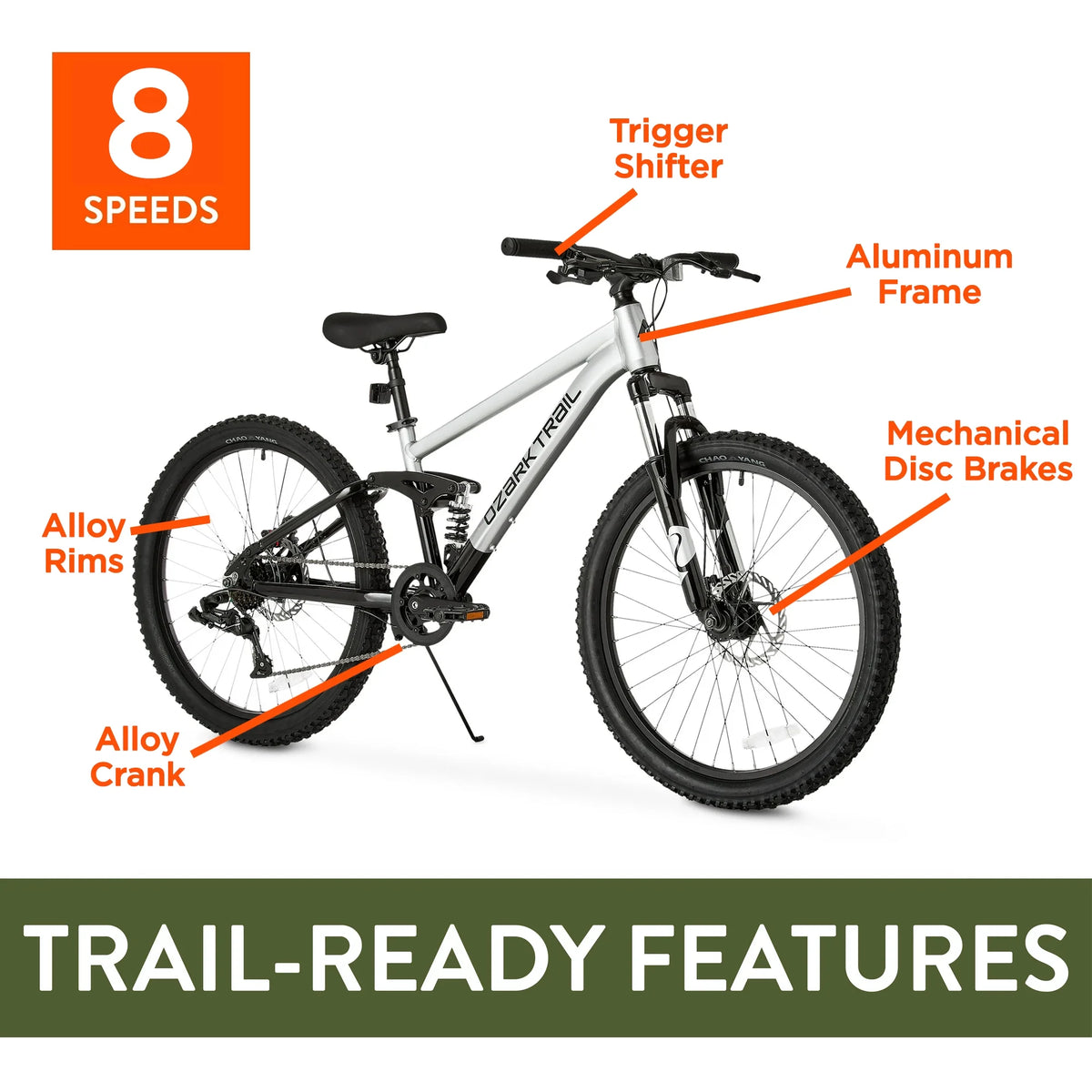 24" Ozark Trail FS.1 Epictrail Full Suspension Mountain Bike, for Teens and Adults, Heights Between 4'6" - 5'6", Silver