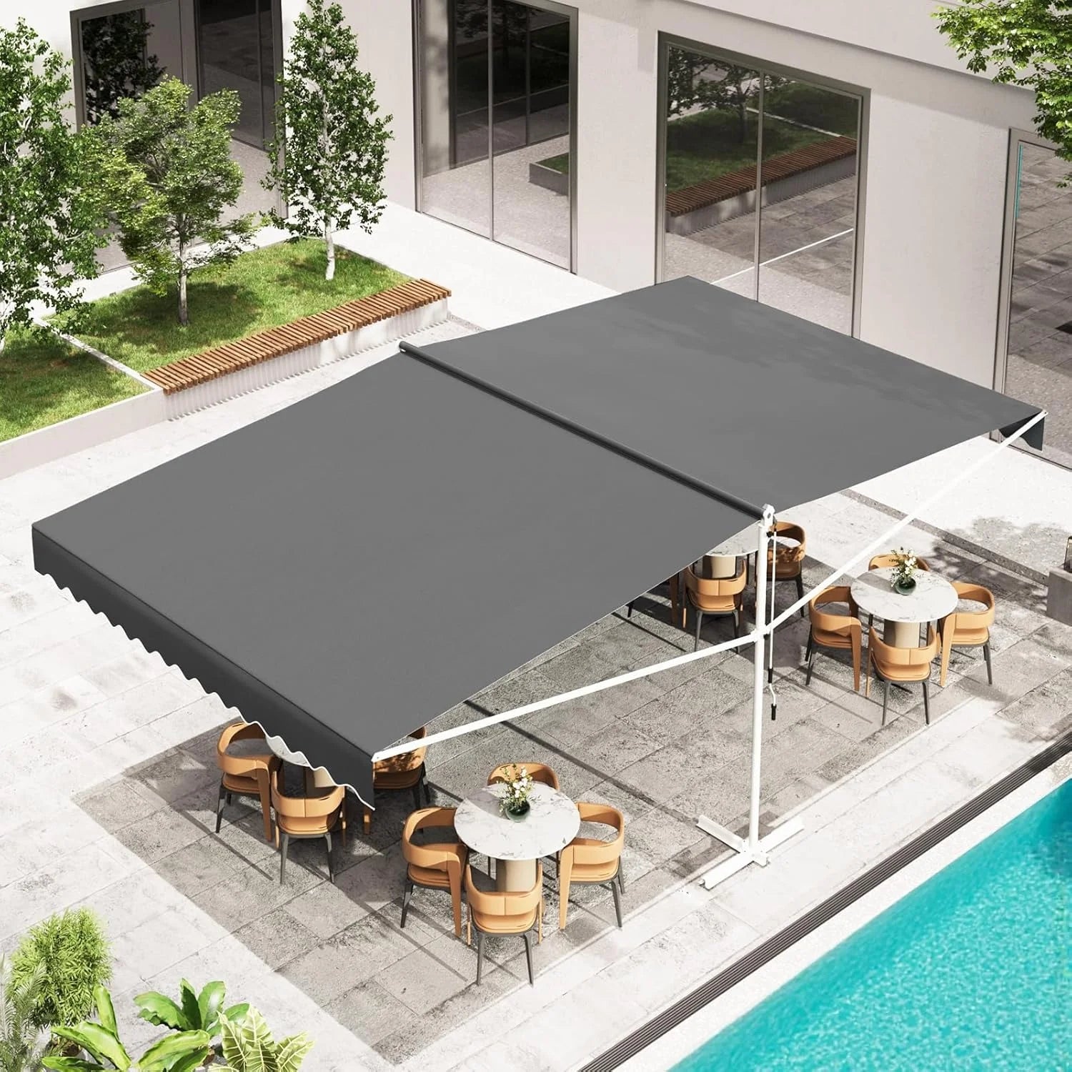 AECOJOY Free Standing Retractable Awning, 13'x10' Dual Side Patio Awnings Outdoor Manual Sun Shade Shelter, Dark Grey