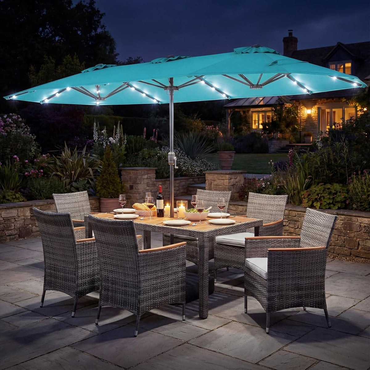 Tangkula 9 Pieces Rattan Outdoor Dining Set with 13Ft Solar Patio Umbrella