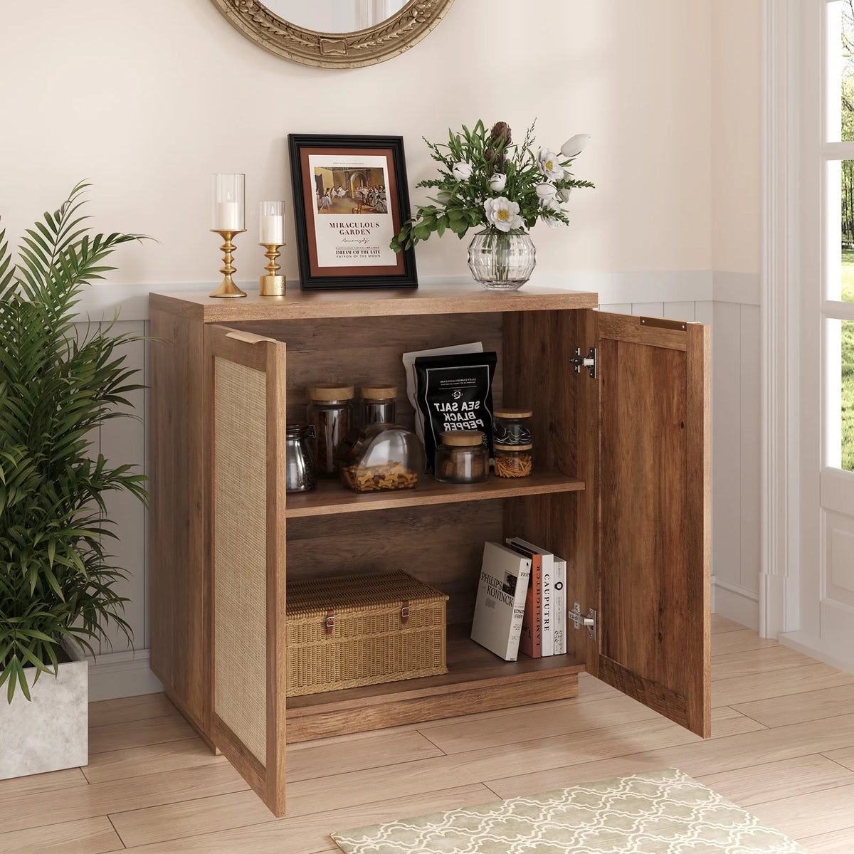 Hommpa Sideboard Buffet Cabinet Rattan Kitchen Storage Organizer with 5 - Position Adjustable Shelf & 2 Doors Boho Farmhouse Accent Cabinets TV Console for Living Dining Room Coffee Bar