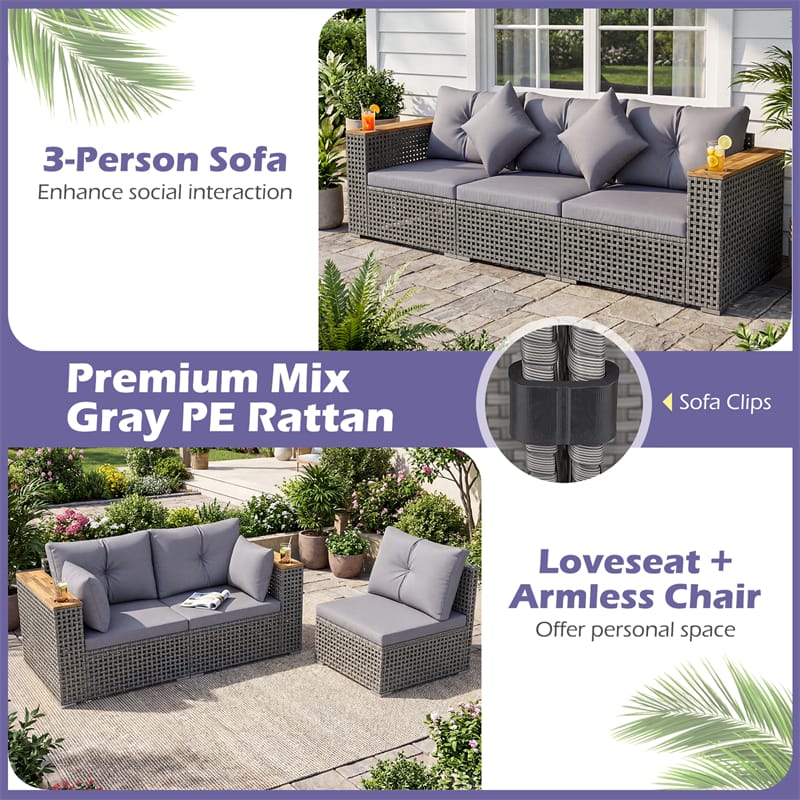 86.5" 3-Seat Patio Wicker Sofa, 3PCS Modular PE Rattan Sectional Furniture Set with Cup Holders & Wood Armrests, Outdoor Couch for Garden Yard