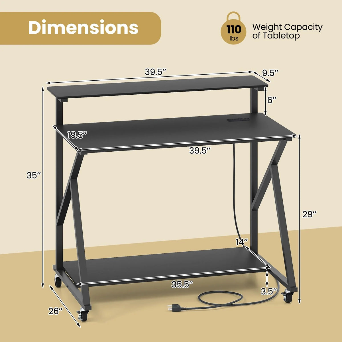 Tangkula 39.5" Mobile Computer Desk with Power Outlets for Home Office Bedroom