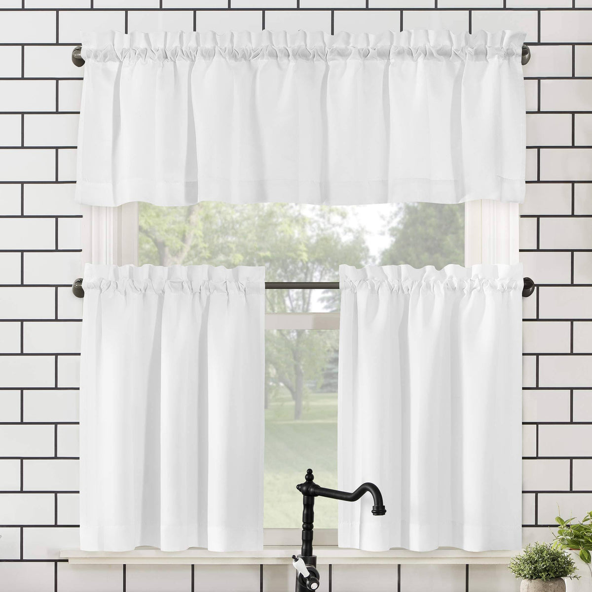 No. 918 Martine Microfiber Semi-Sheer Rod Pocket Kitchen Curtain Valance and Tiers Set - White - 54" x 24"