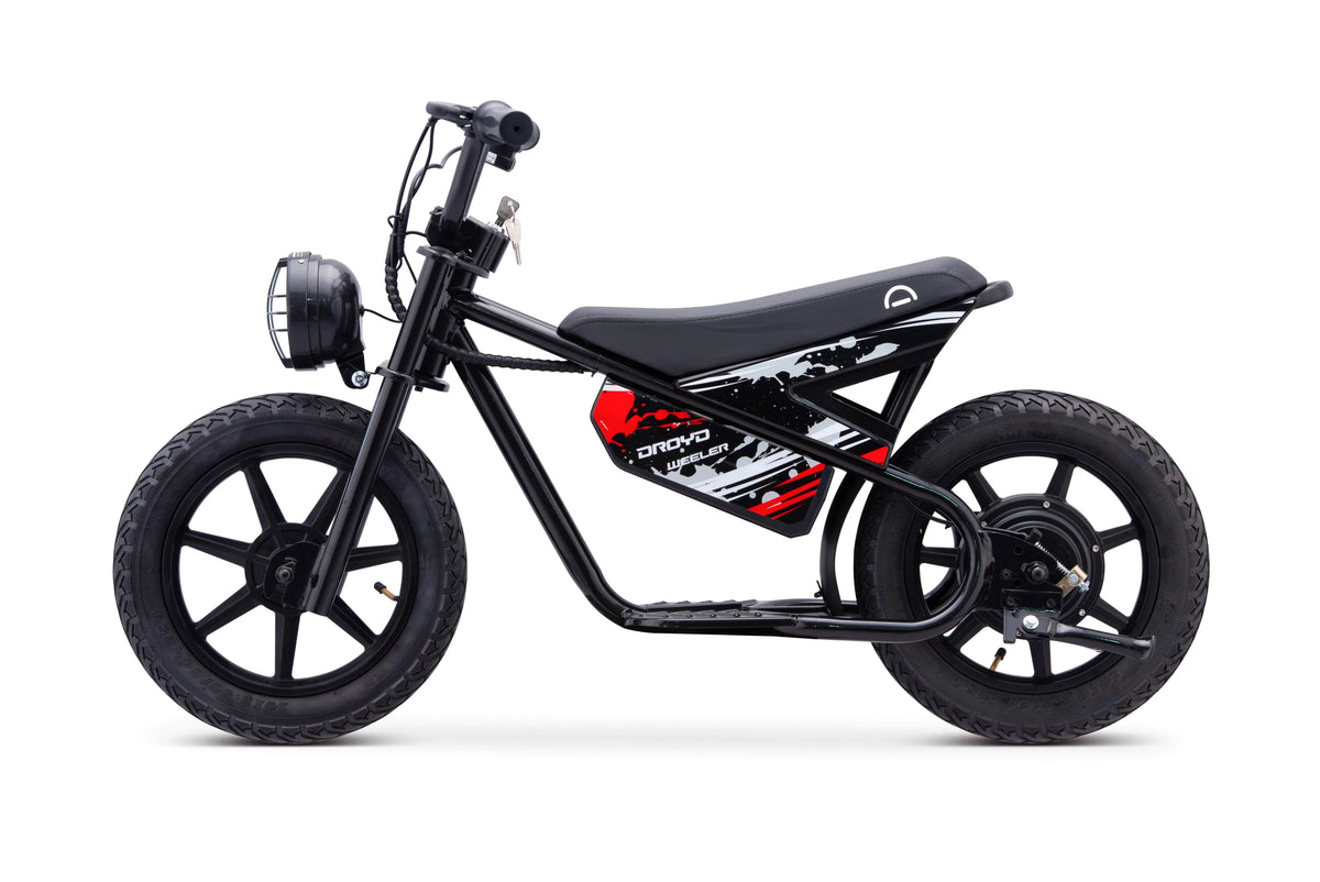 Droyd Weeler Electric Mini Bike - 24V 8ah Battery, 6 - 10 MPH, up to 8 Miles, LED Lights, Kids Ages 6+