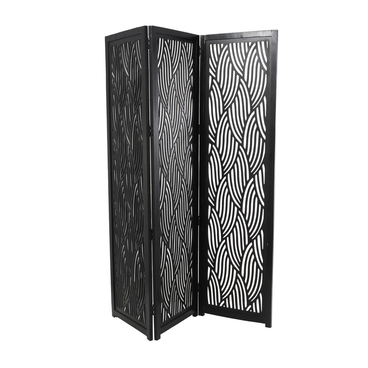 Decmode 60" x 72" Black Mango Wood Abstract Wavy Cutout 3 Panel Room Divider Screen, 1 - Piece