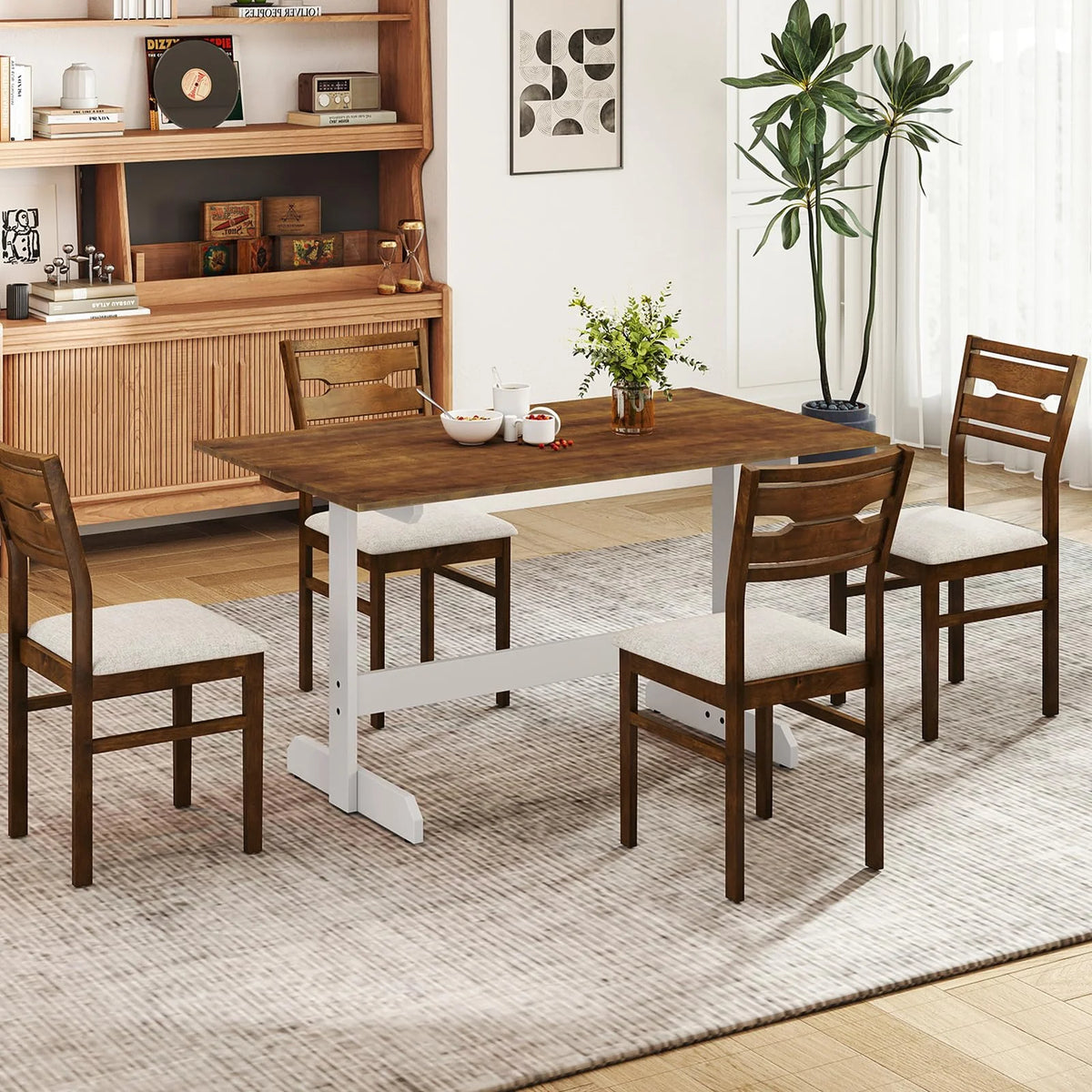 Tangkula 55 Inch Dining Table for 4-6 People Rectangular Kitchen Table with Solid Wood Trestle Base