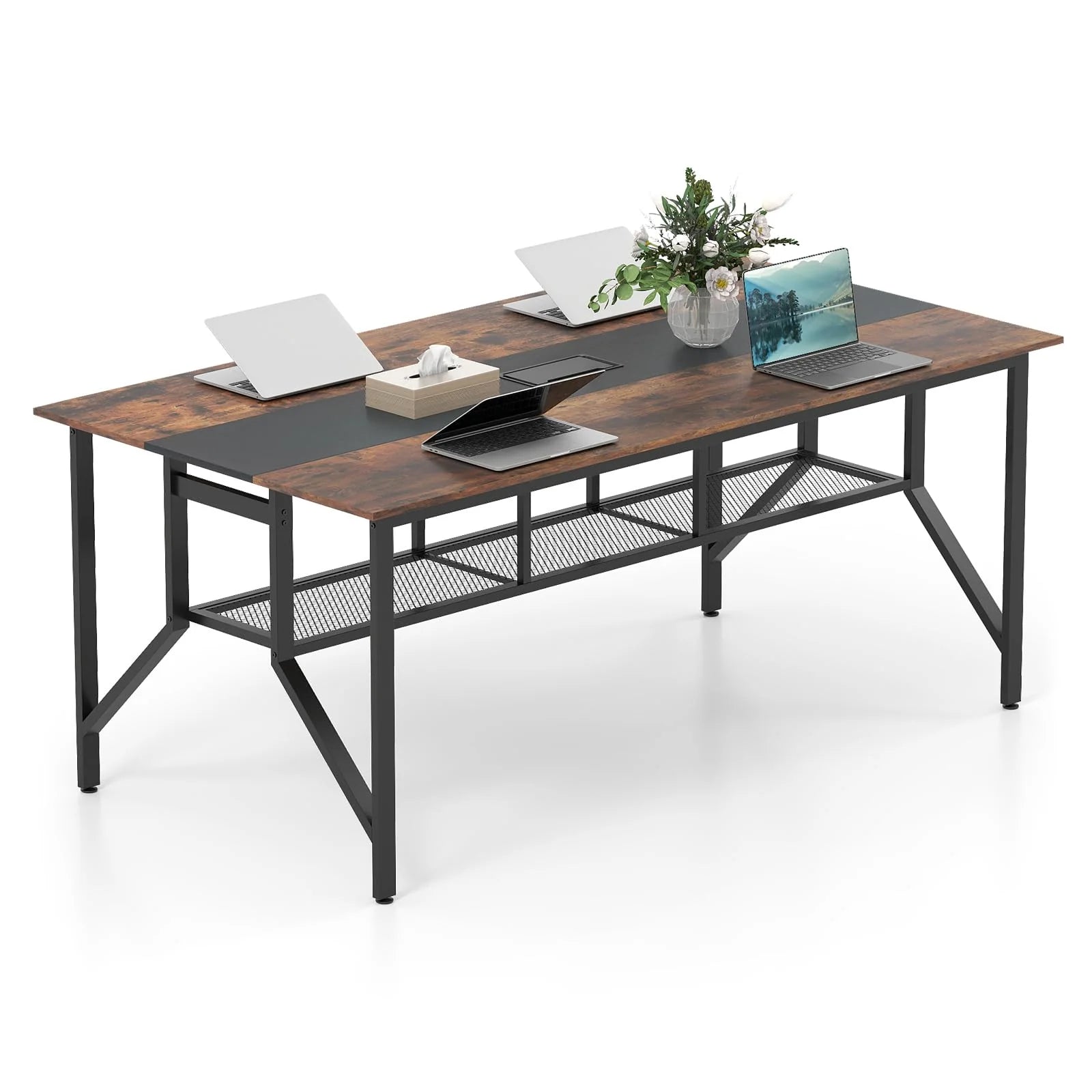 Tangkula Rectangular Meeting Table with Mesh Storage Shelf & Cable Grommet for 6-8 People