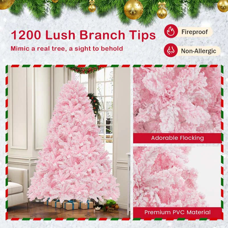 7 FT Pre-lit Pink Artificial Christmas Tree, Hinged Snow Flocked Holiday Tree with 1200 Tips, 500 Multi-Color LED Lights & 8 Modes for Home Decor