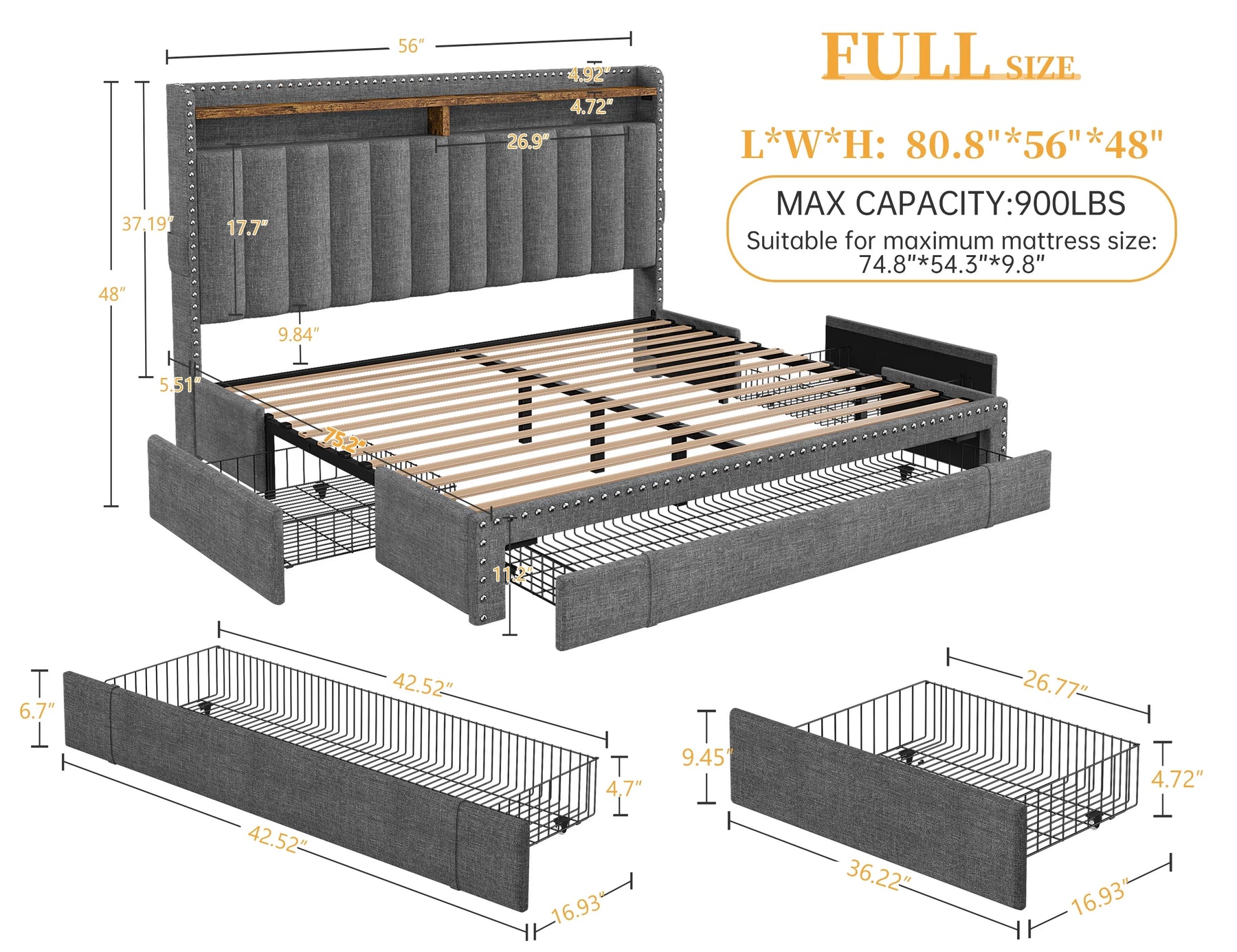 Enhomee Queen Bed Frame with 3 Storage Drawers Upholstered Queen Size Bed Frame with Headboard Noise Free Platform Bed with Metal Frame & Wood Slats Support Beige Bedroom Furniture for Adults Clothes