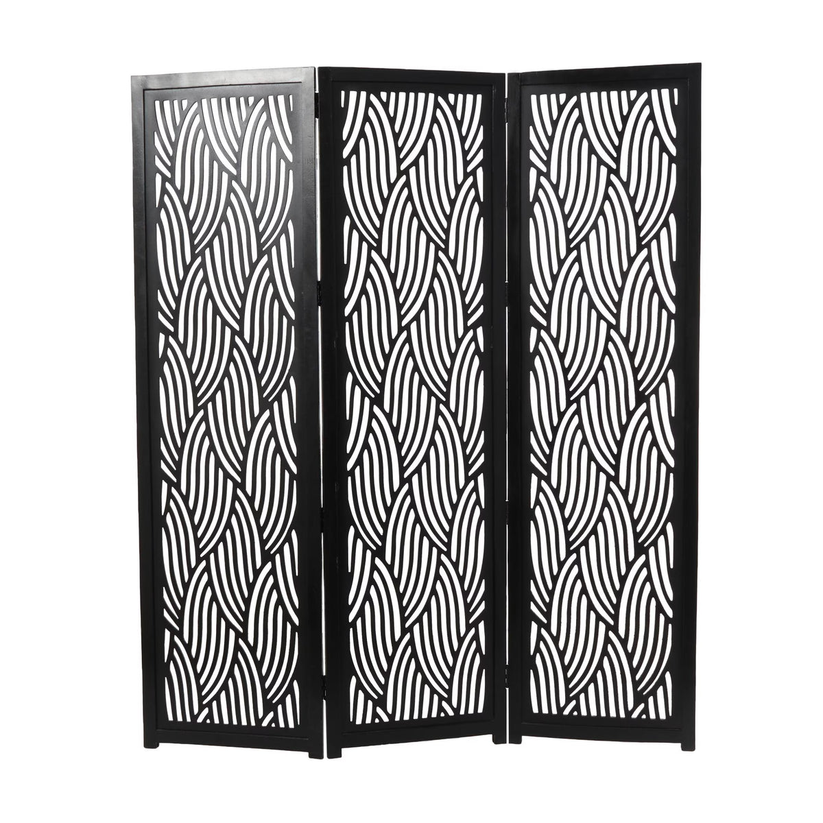 Decmode 60" x 72" Black Mango Wood Abstract Wavy Cutout 3 Panel Room Divider Screen, 1 - Piece