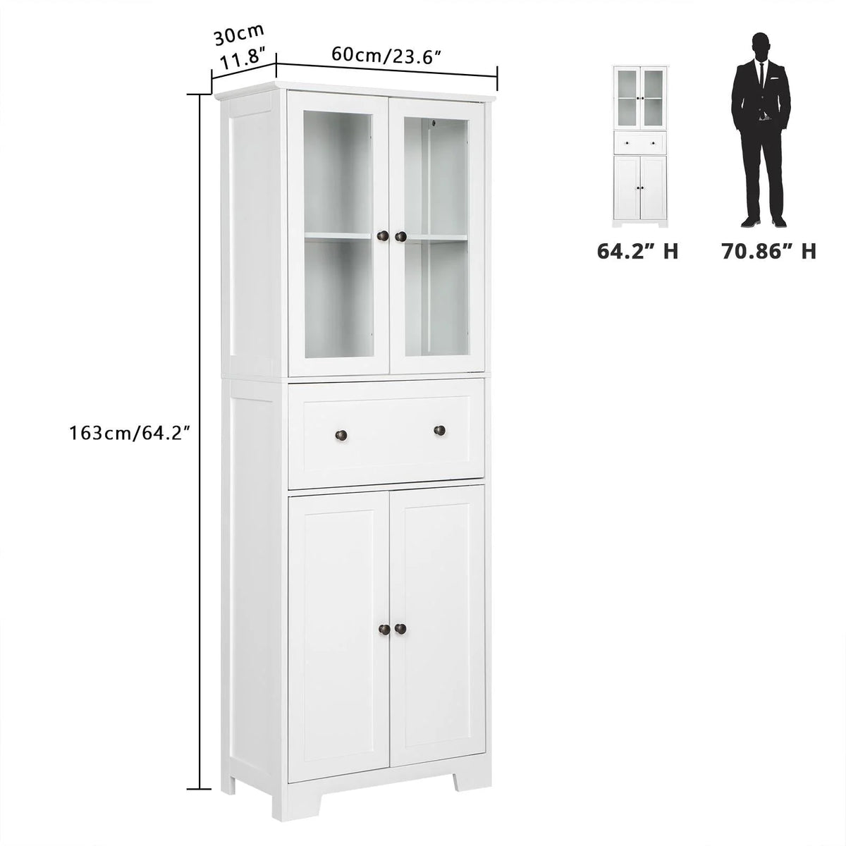 Ktaxon 64" Tall Bathroom Storage Cabinet Organizer, Freestanding Kitchen Pantry Cabinet Line Tower with 2 Glass Doors, Large Drawer & 4 Adjustable Shelves for Dining Room Living Room Home Office, White