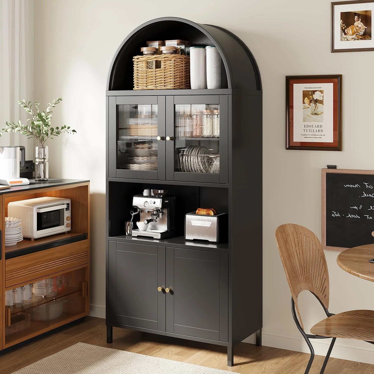 AECOJOY 73" Kitchen Pantry, Metal Arched Cabinet with Glass Door & Adjustable Shelves