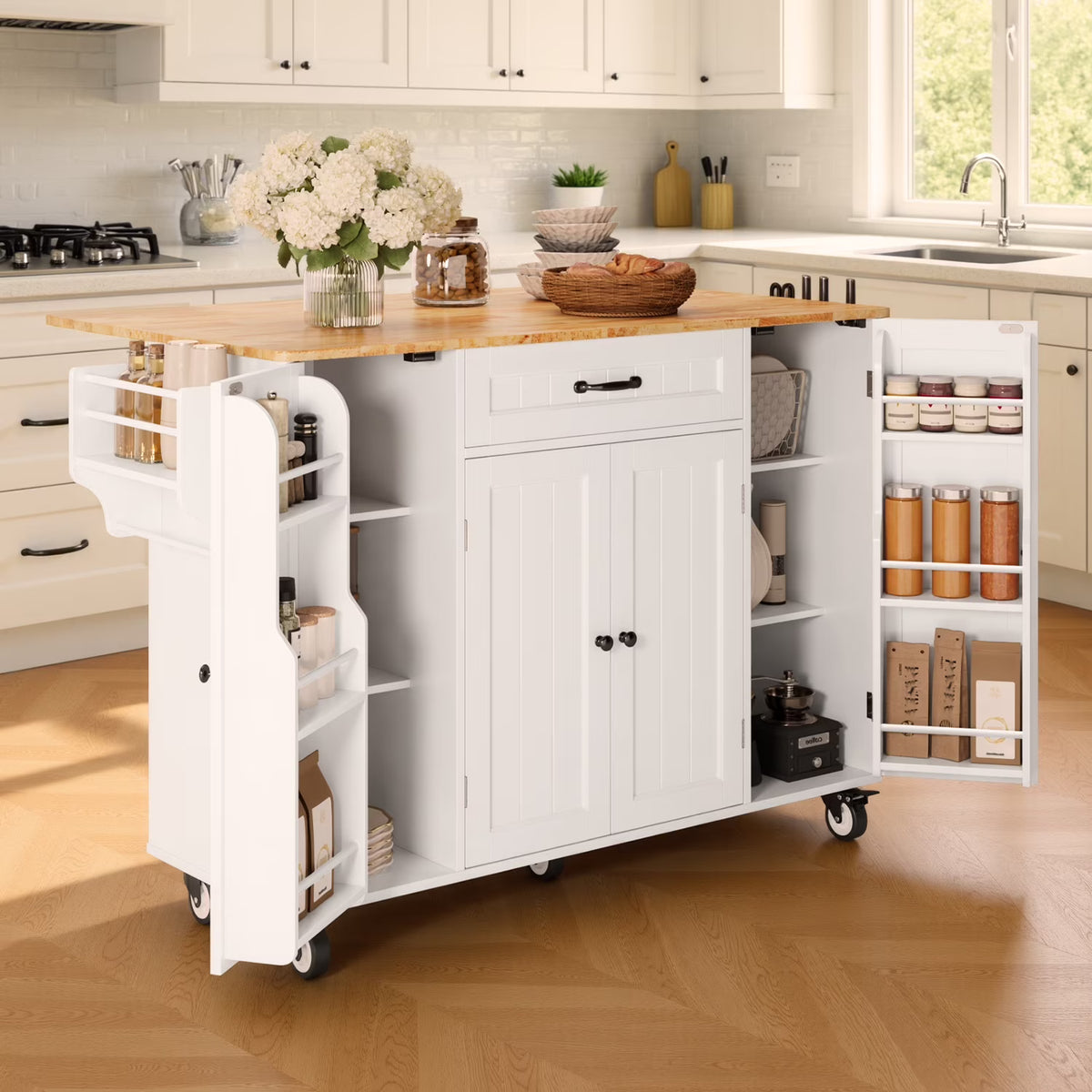 Noelse Kitchen Island with Storage, Island Table for Kitchen with Drop Leaf, Spice Rack, Towel Bar for Small Kitchens, White
