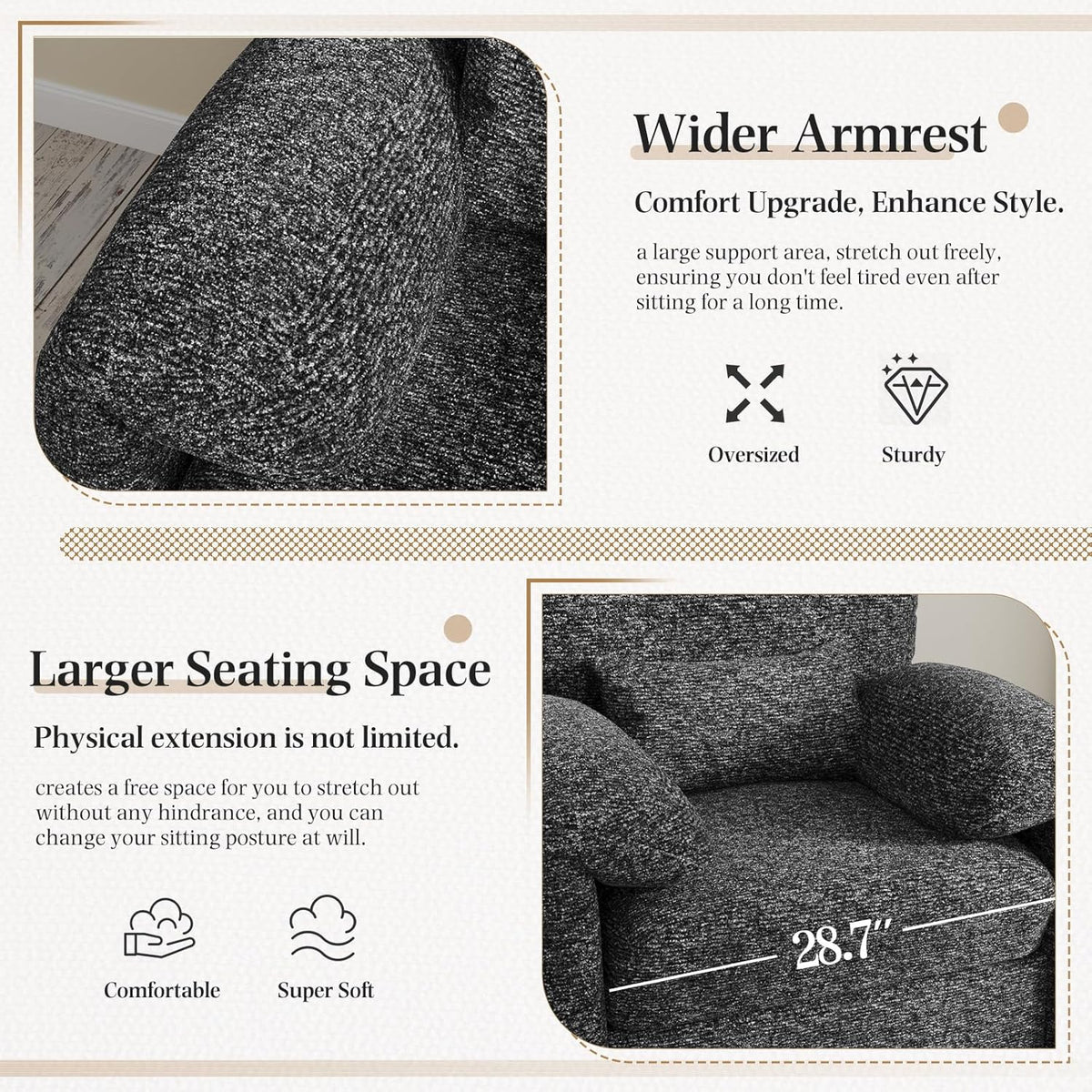 AECOJOY Oversized Armchair, Chenille Mid Century Accent Chair, Comfy Upholstered Single Sofa, Extra Wide Reading Chairs