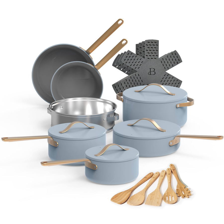 Beautiful 20pc Ceramic Non-Stick Cookware Set, Cornflower Blue by Drew Barrymore